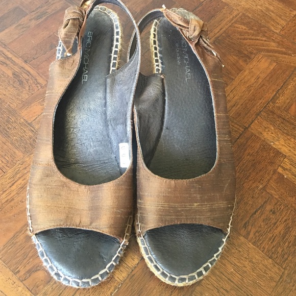 Eric Michael espadrilles wedge in brown silk - Picture 3 of 4